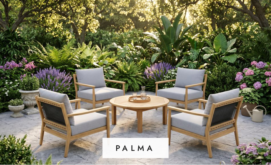 Outdoor patio set with chairs and table in a garden setting, featuring the Royal Teak Collection